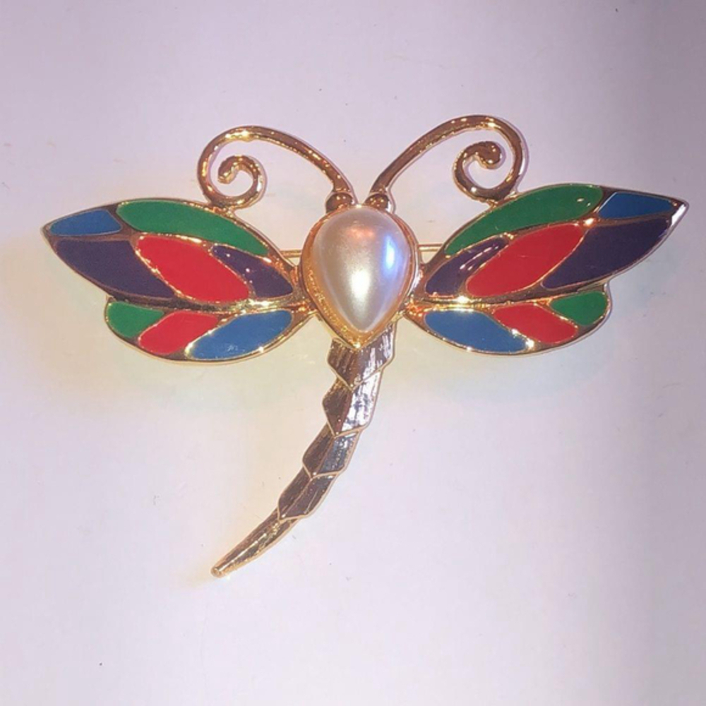 Vintage Gold Tone Colorful Enamel Faux Pearl Dragonfly Brooch Shoulder Pin